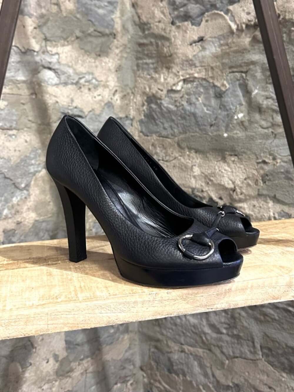 Gucci Black Platform Silver Accent Opened Toe Pumps